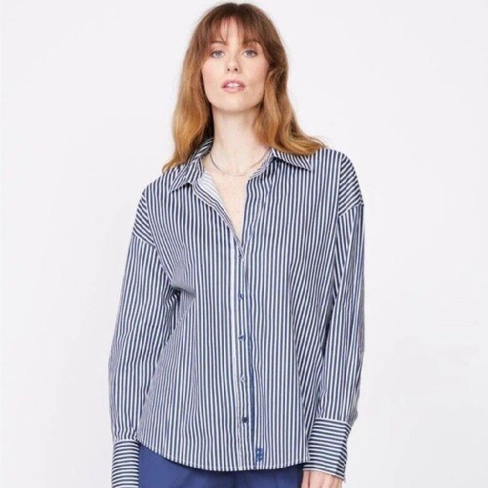Monrow Stretch Poplin Striped Button Down Shirt - Blue/White S